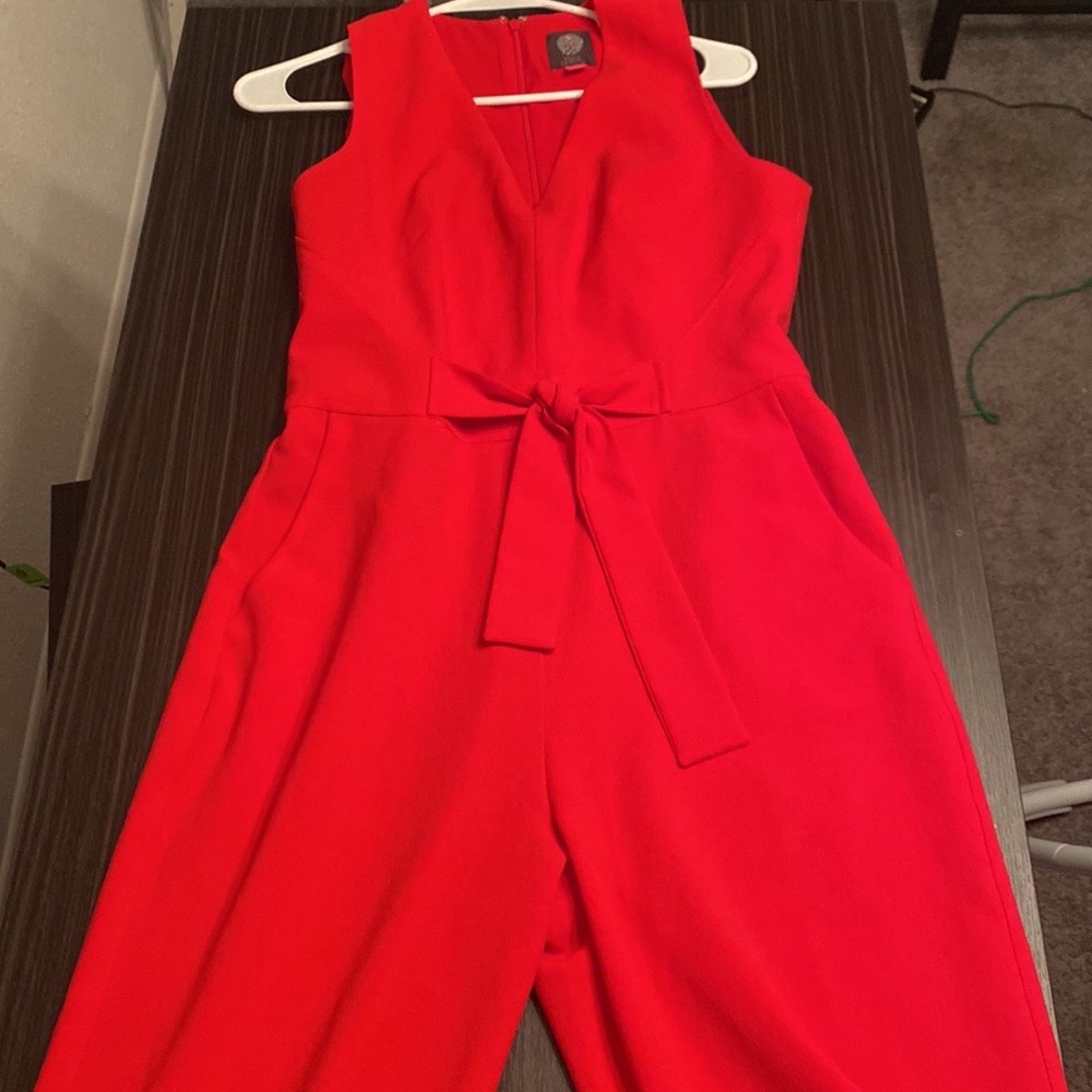 Floor length red pants suit